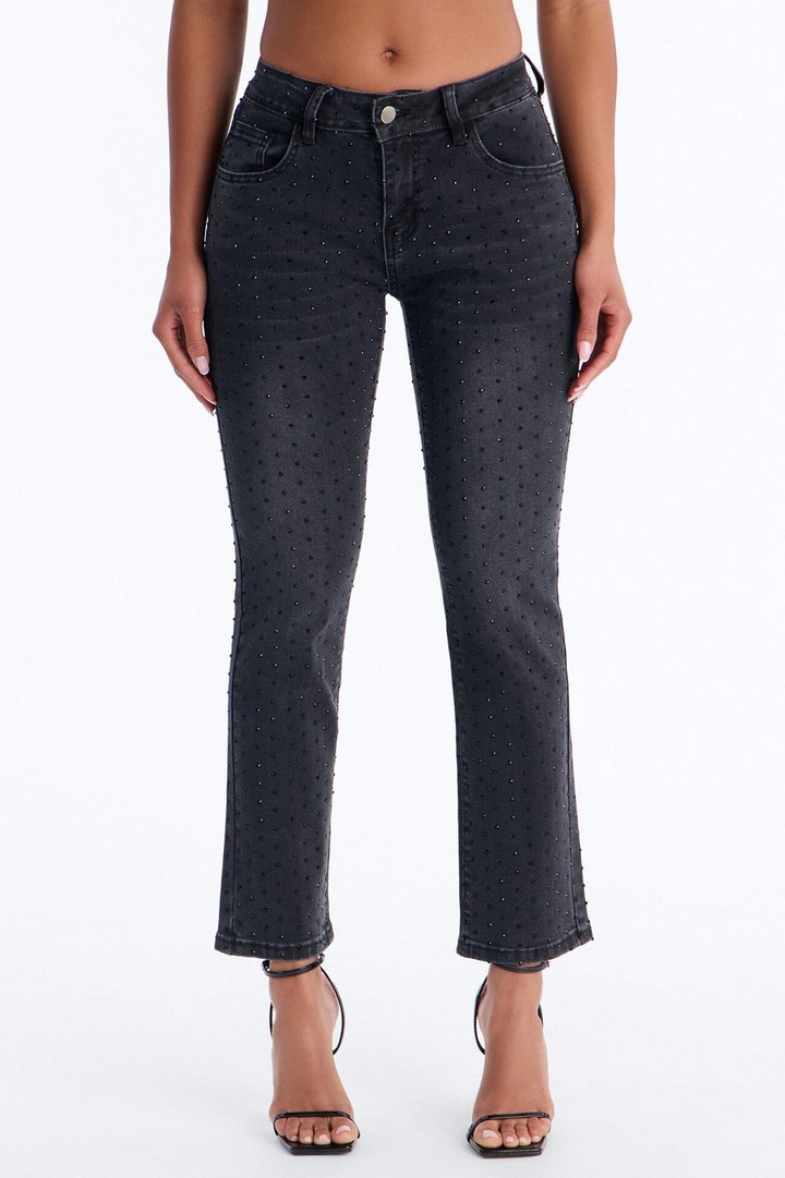 Tabloid Tease Embellished Ankle Kick Flare Jeans - Black Wash