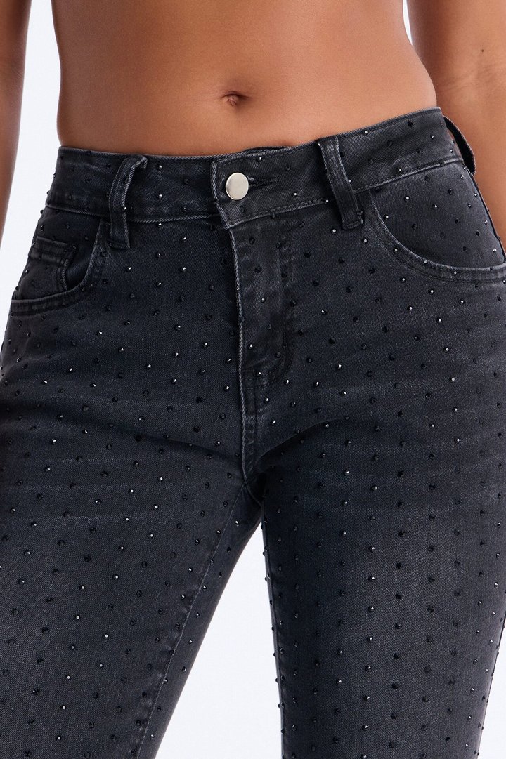 Tabloid Tease Embellished Ankle Kick Flare Jeans - Black Wash