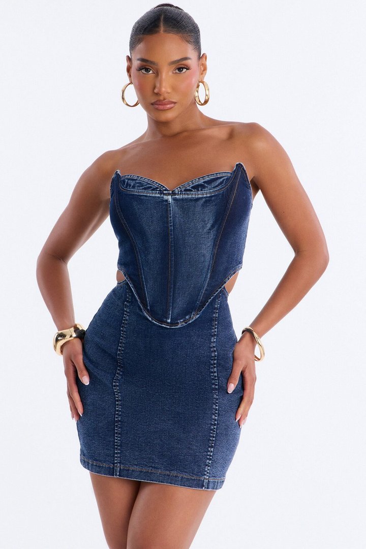 She's Her Strapless Stretch Denim Mini Dress - Dark Wash