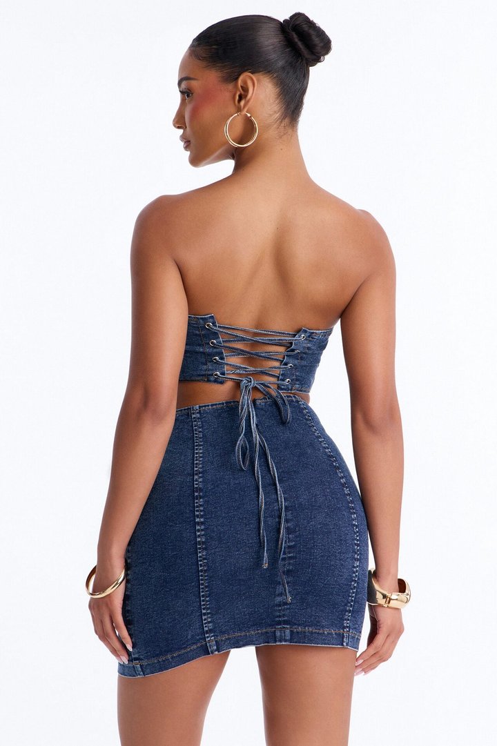 She's Her Strapless Stretch Denim Mini Dress - Dark Wash