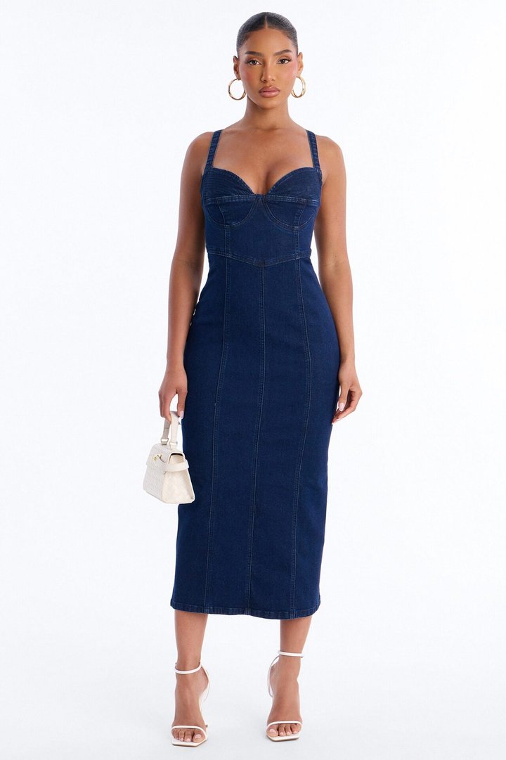 Demmi Corset Denim Midi Dress - Dark Wash