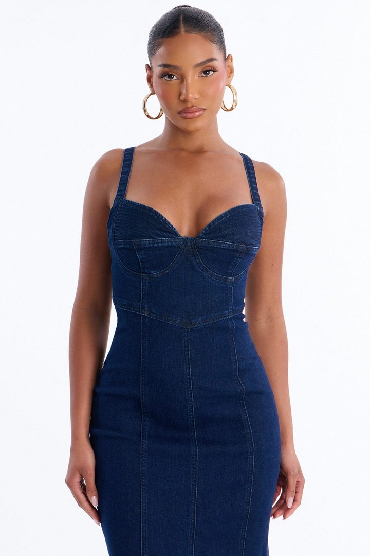 Demmi Corset Denim Midi Dress - Dark Wash