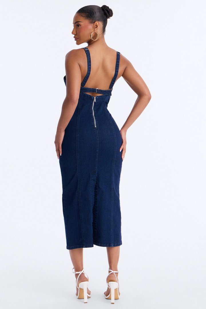 Demmi Corset Denim Midi Dress - Dark Wash