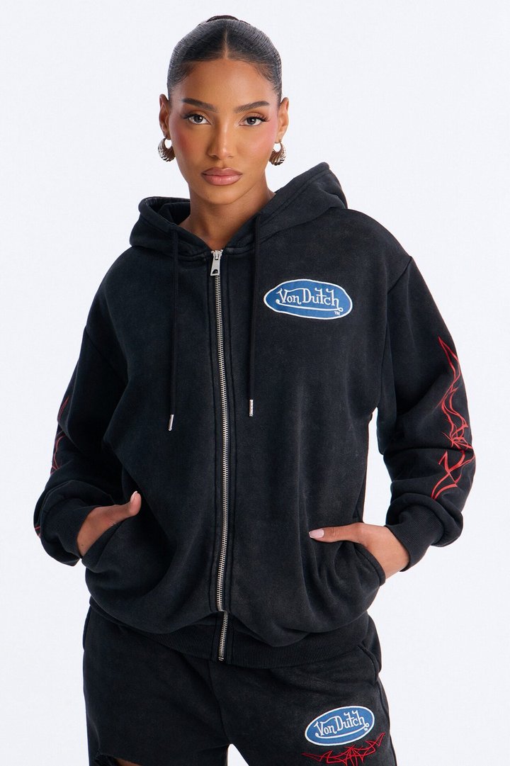 Von Dutch Logo Washed Zip Up Hoodie - Black Wash