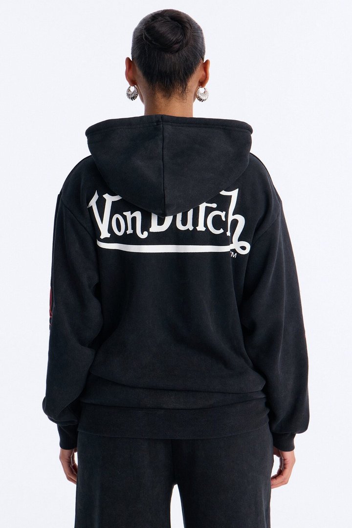 Von Dutch Logo Washed Zip Up Hoodie - Black Wash