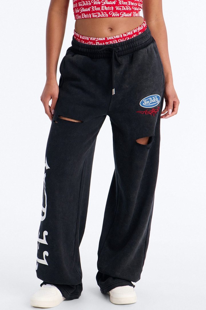 Von Dutch Waistband Washed Wide Leg Pant - Black Wash