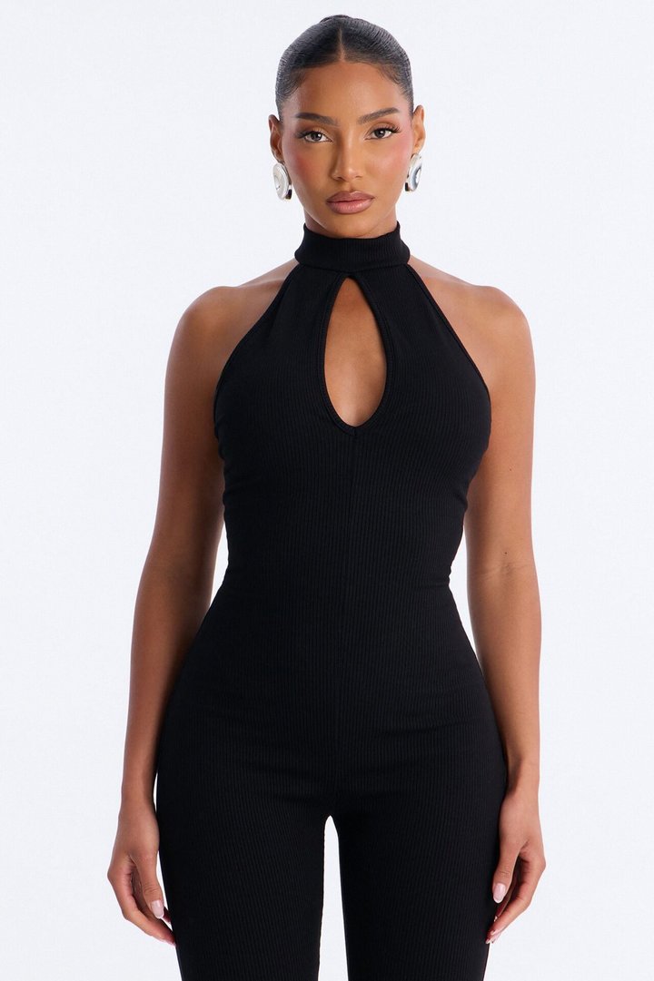 Jemma High Neck Snatched Capri Jumpsuit - Black