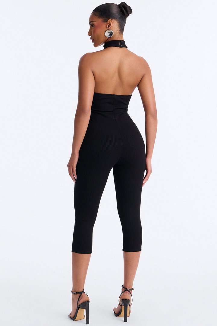 Jemma High Neck Snatched Capri Jumpsuit - Black