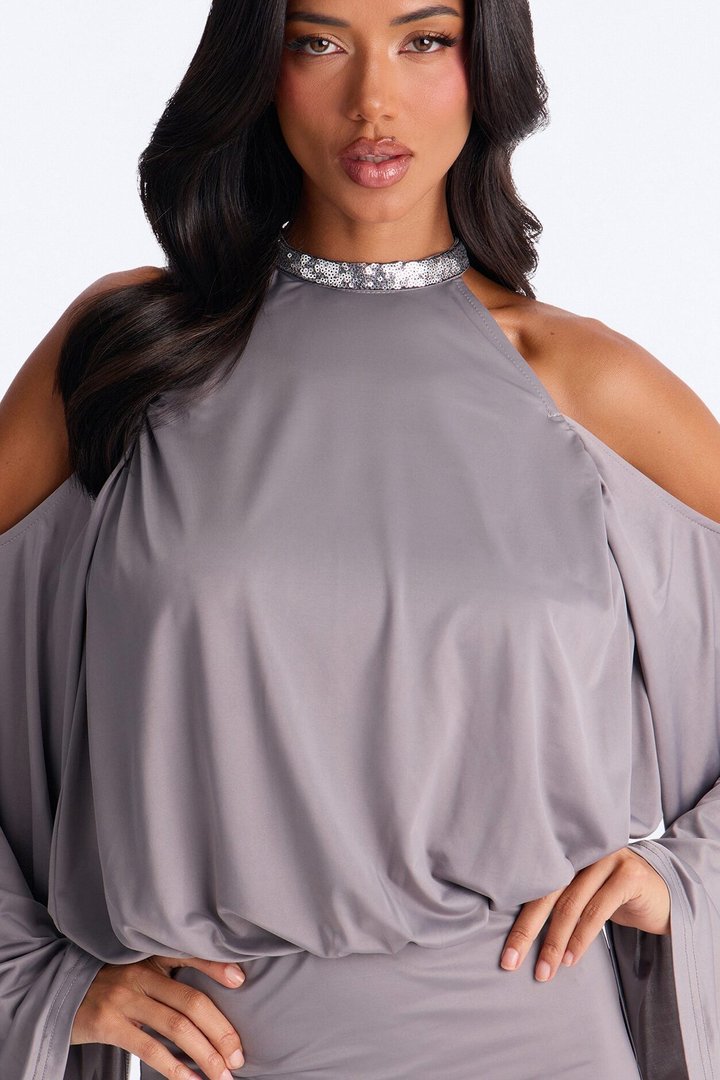 Ari Backless Embellished Mini Dress - Dark Grey