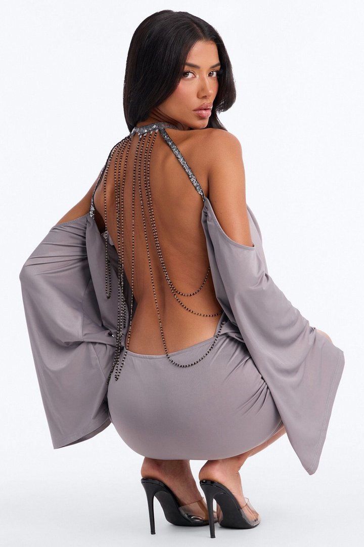 Ari Backless Embellished Mini Dress - Dark Grey