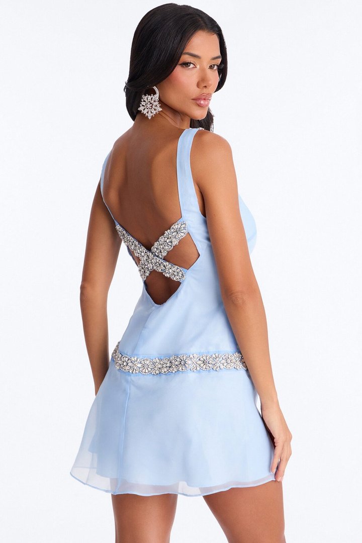 Sabrina Rhinestone Trim Organza Mini Dress - Light Blue