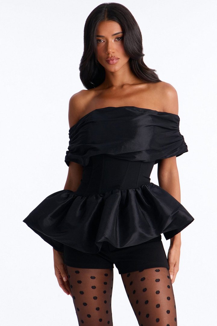 Jessica Off Shoulder Bubble Hem Top - Black