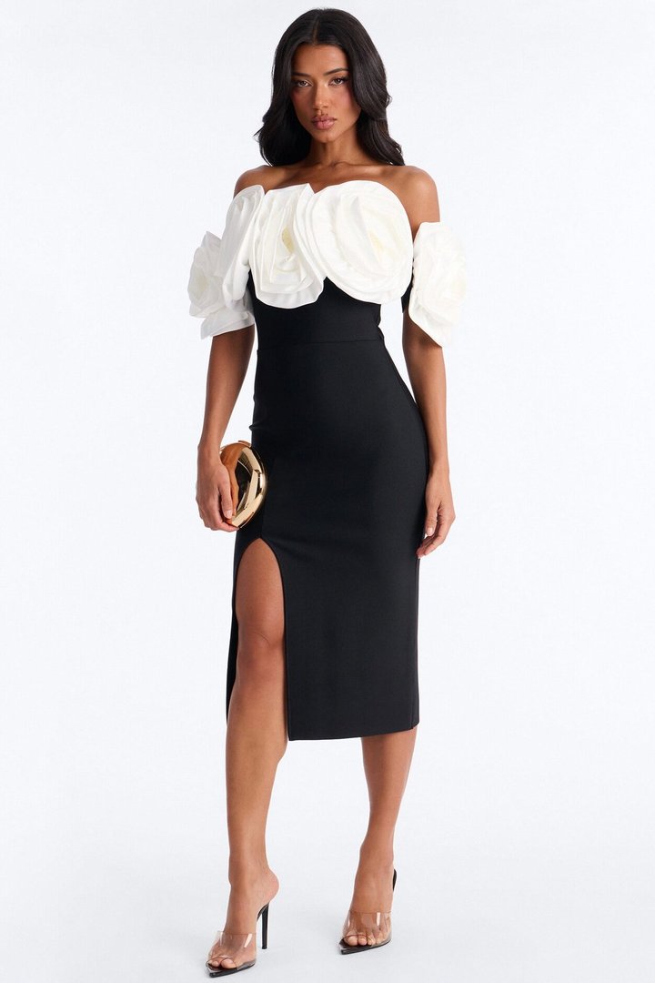 Divina Floral Bandage Midi Dress - Black/White