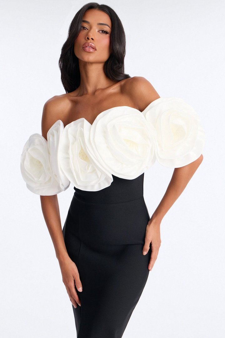 Divina Floral Bandage Midi Dress - Black/White