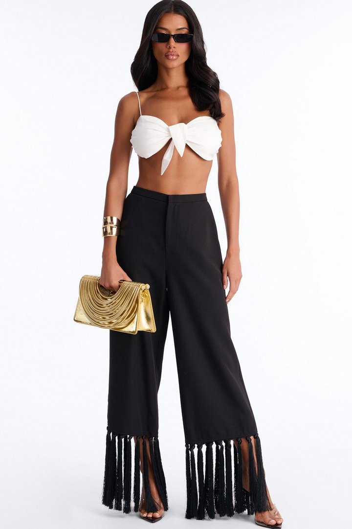 Samantha High Rise Wide Leg Tassel Fringe Trouser - Black
