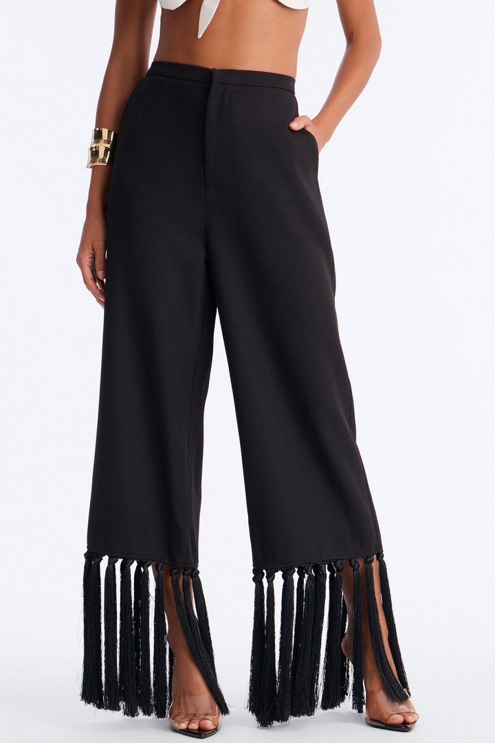 Samantha High Rise Wide Leg Tassel Fringe Trouser - Black