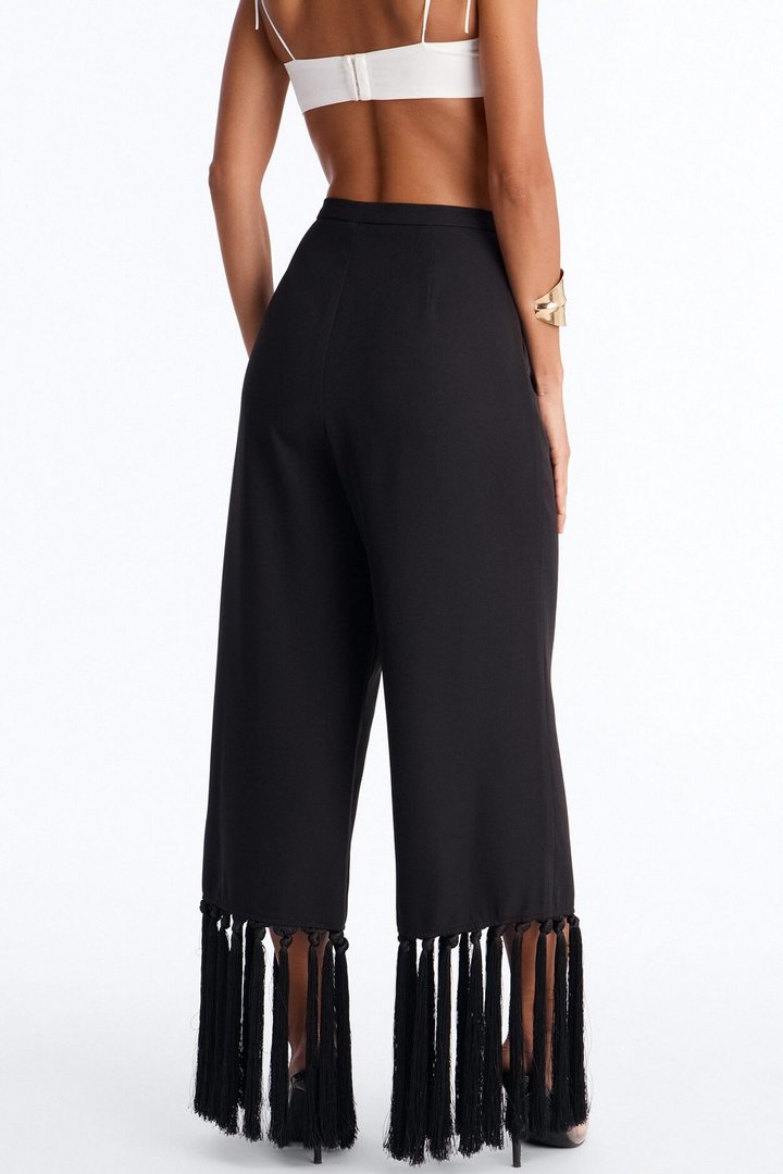 Samantha High Rise Wide Leg Tassel Fringe Trouser - Black