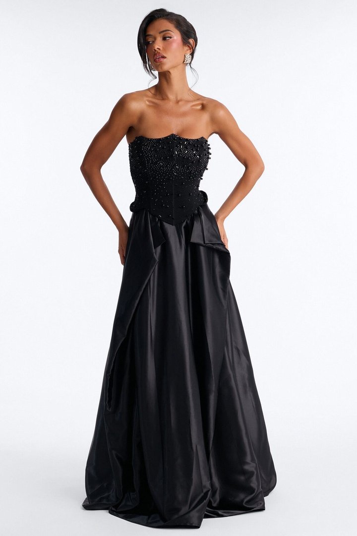 Shine Bright Embellished Satin Maxi Dress - Black