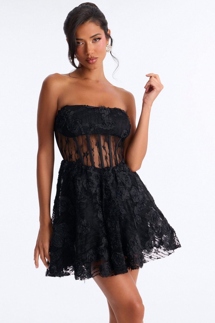 Lenora Corset Waist Lace Mini Dress - Black