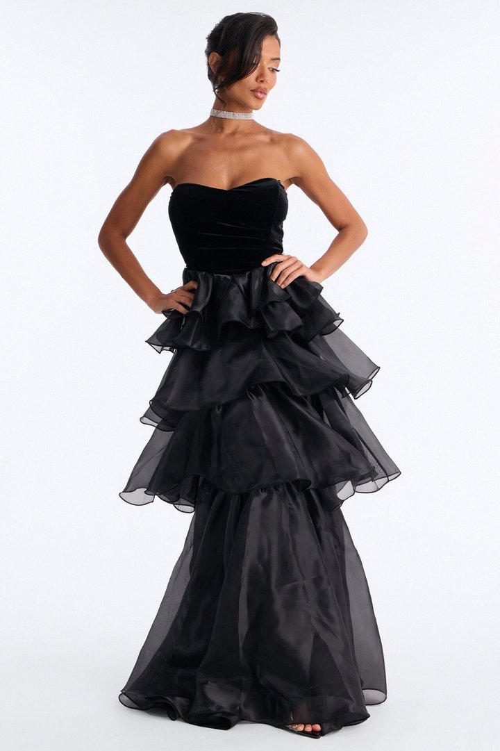 Addison Organza Tiered Gown - Black