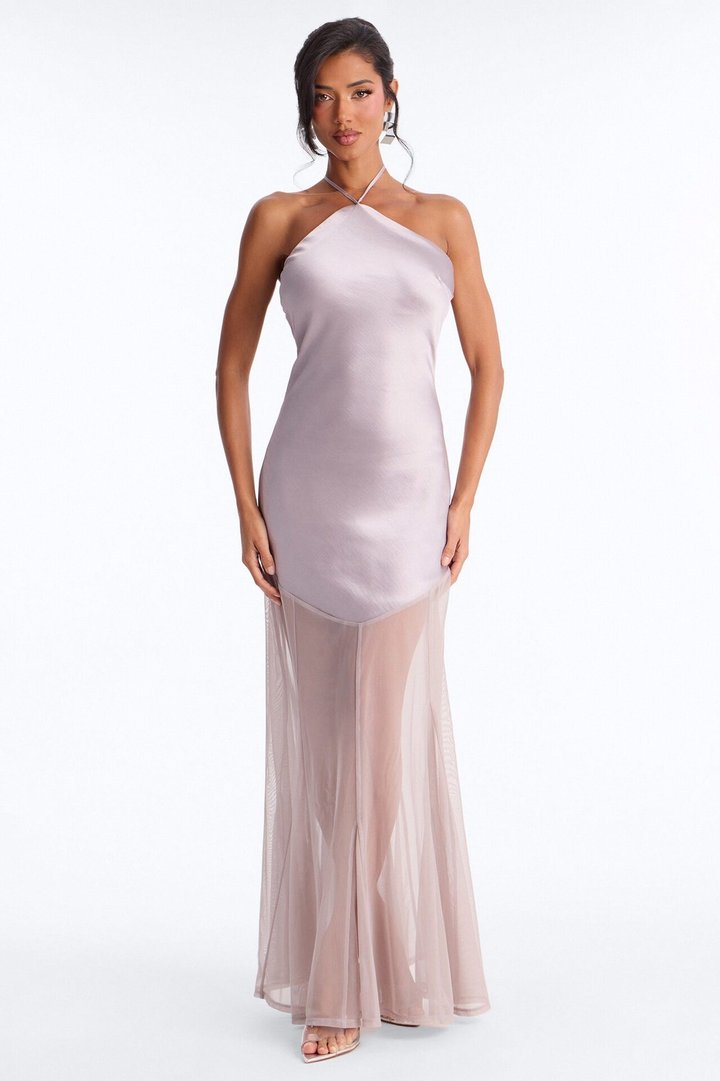 Adina Mesh Satin Maxi Dress - Grey