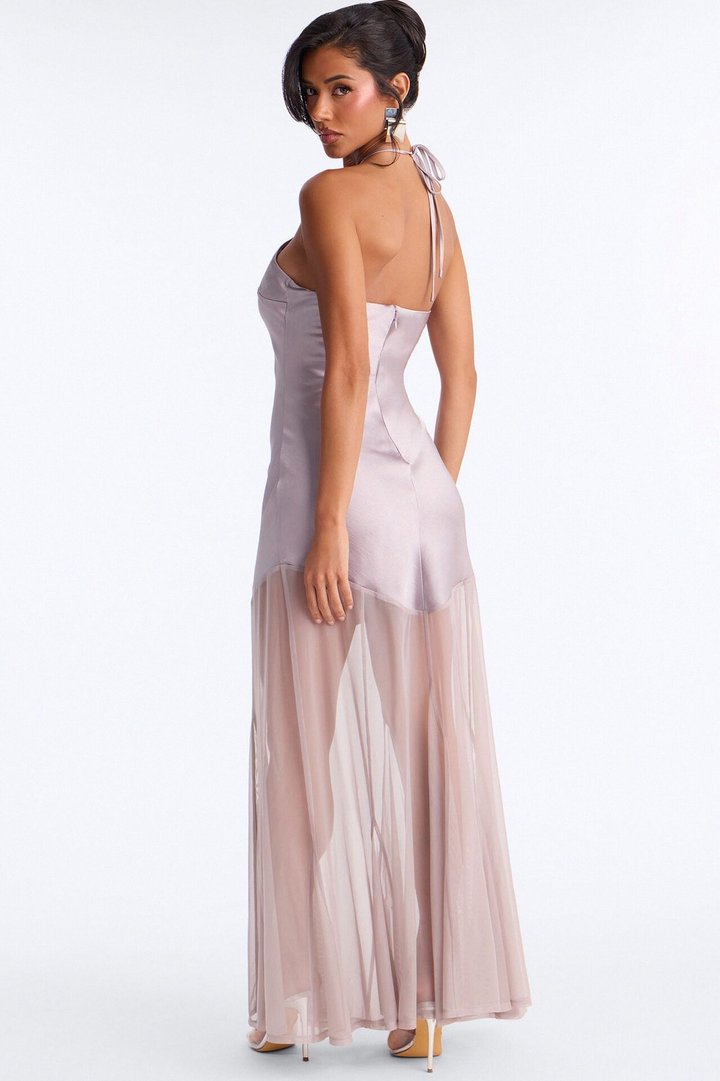 Adina Mesh Satin Maxi Dress - Grey