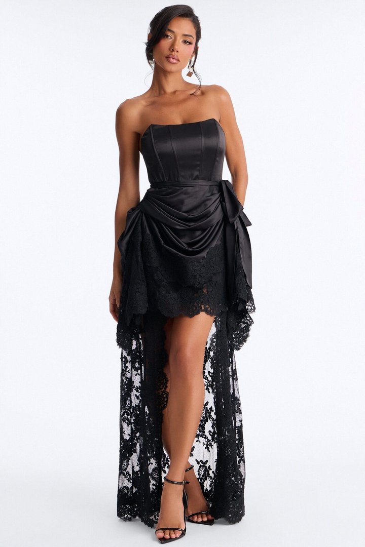 Lana Draped Lace Satin Gown - Black