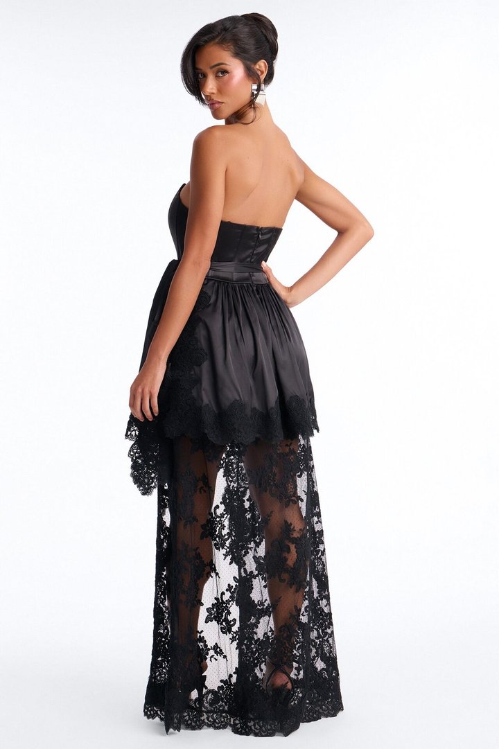 Lana Draped Lace Satin Gown - Black