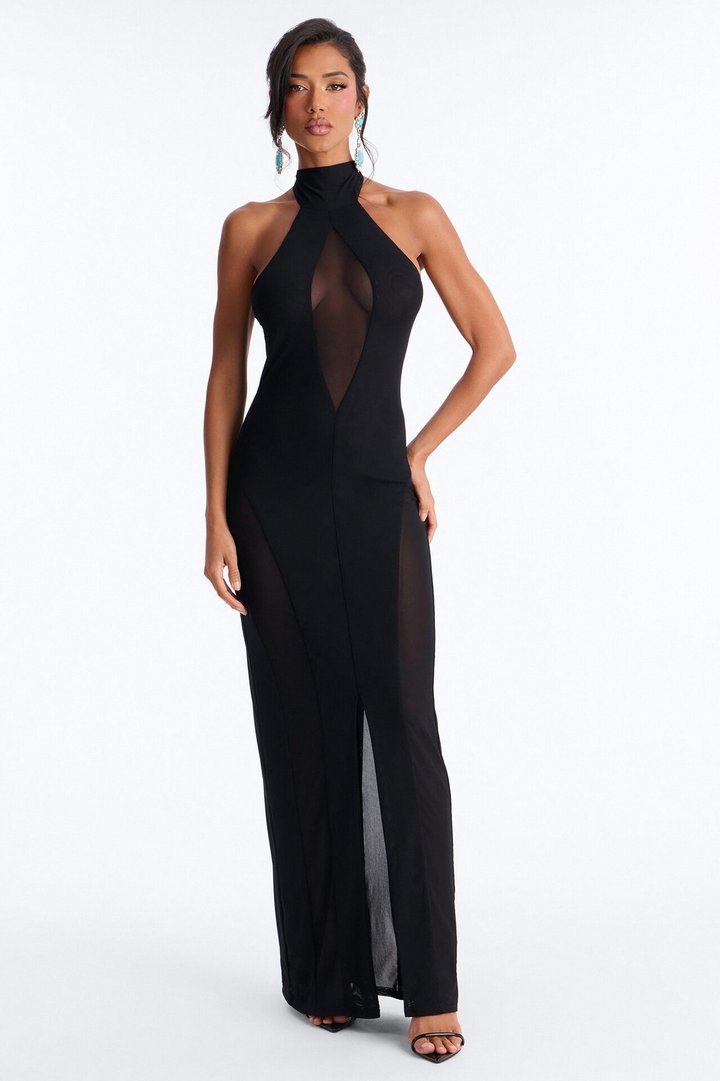 Samantha Halter Mesh Maxi Dress - Black