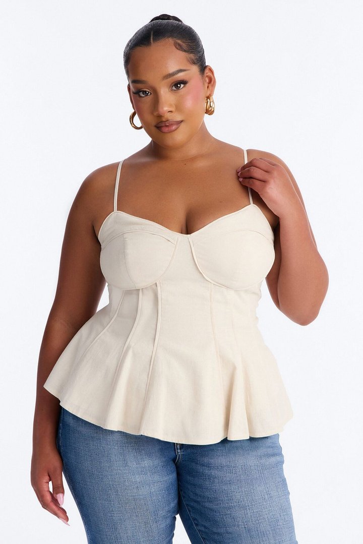 Pretty Please Peplum Linen Babydoll Top - Beige