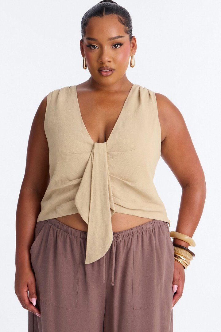 Morning Espresso Pleated Linen Top - Stone