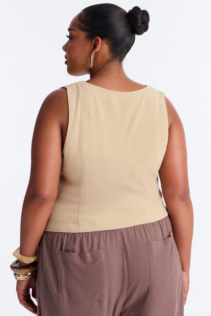 Morning Espresso Pleated Linen Top - Stone