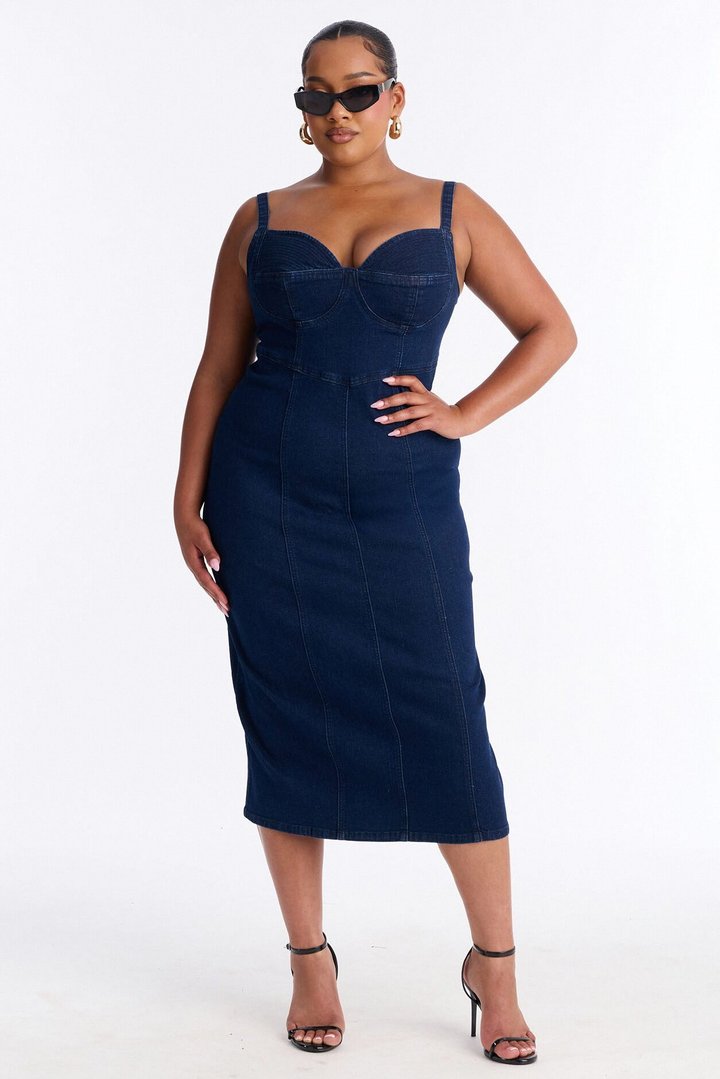 Demmi Corset Denim Midi Dress - Dark Wash