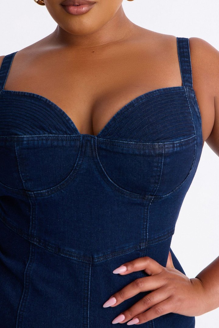 Demmi Corset Denim Midi Dress - Dark Wash