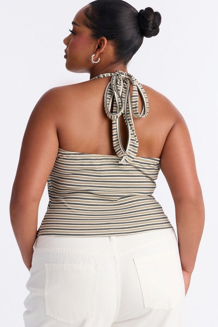 Lulu Ribbed Striped Scoop Neck Halter Top - Olive/combo