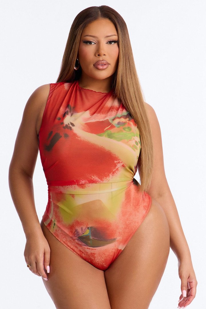 Flora Sheer Mesh Mock Neck Sleeveless Bodysuit - Multi Color