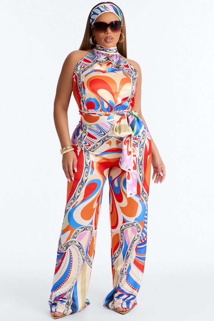 Painted Dream Abstract 2 Piece Satin Jumpsuit - Multi Color