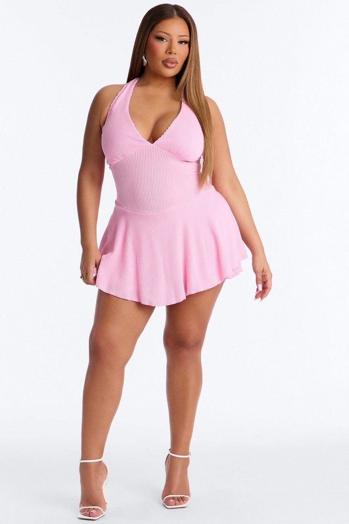 Kamryn Halter Ribbed Mini Dress - Pink
