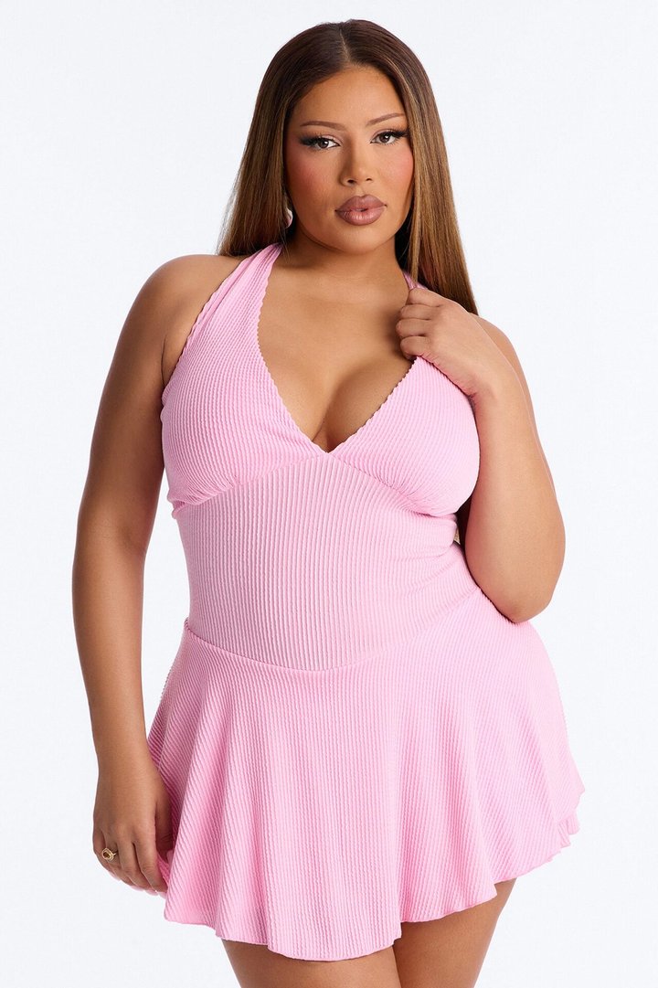 Kamryn Halter Ribbed Mini Dress - Pink