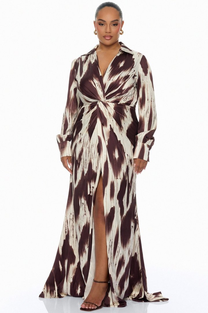 Sashira Collared Satin Maxi Dress - Brown/combo
