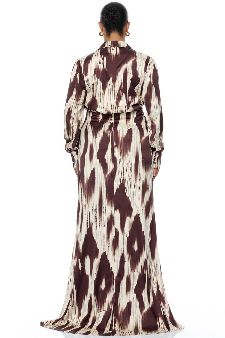 Sashira Collared Satin Maxi Dress - Brown/combo