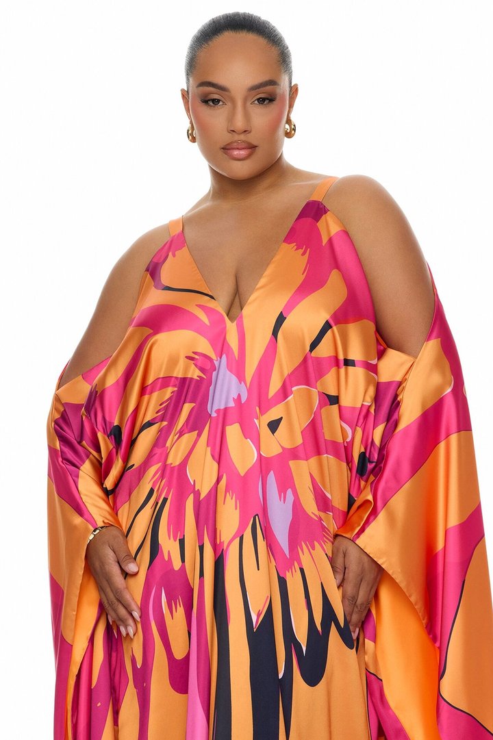 Resort And Repeat Satin Kaftan Dress - Orange/combo