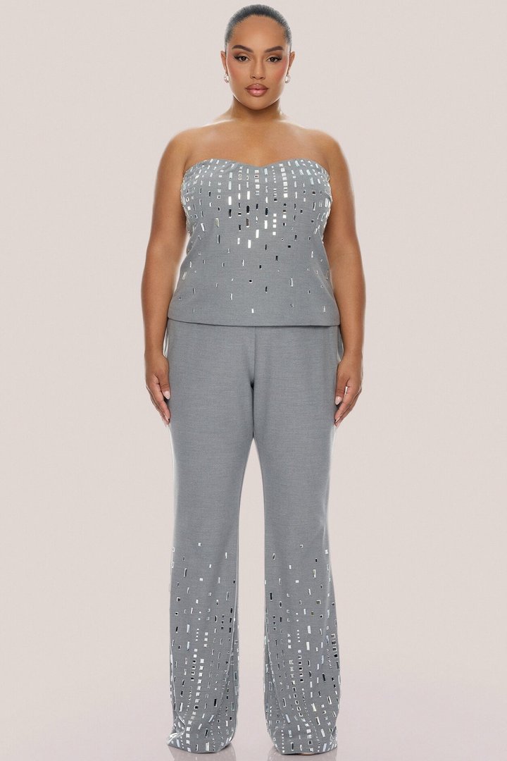 Standout Moment Rhinestone Pant Set - Grey