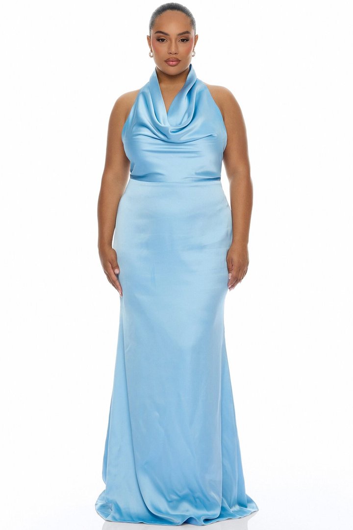 Laena Satin Draped Maxi Dress - Light Blue