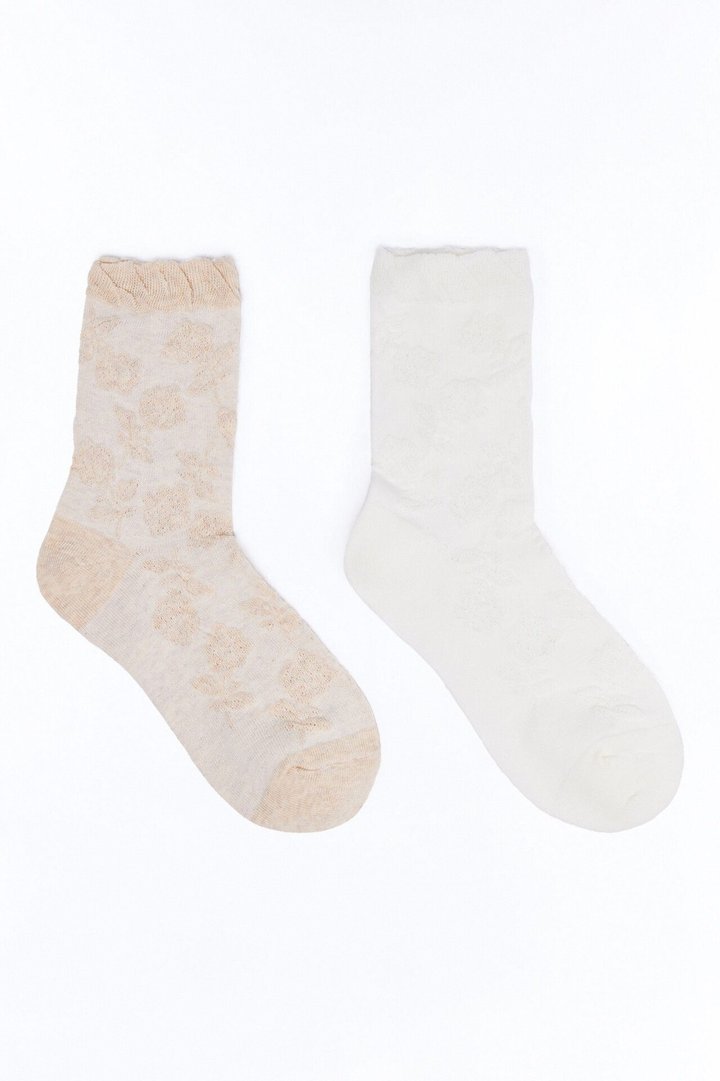 Tea Roses 2 Pack Crew Socks - Oatmeal/combo