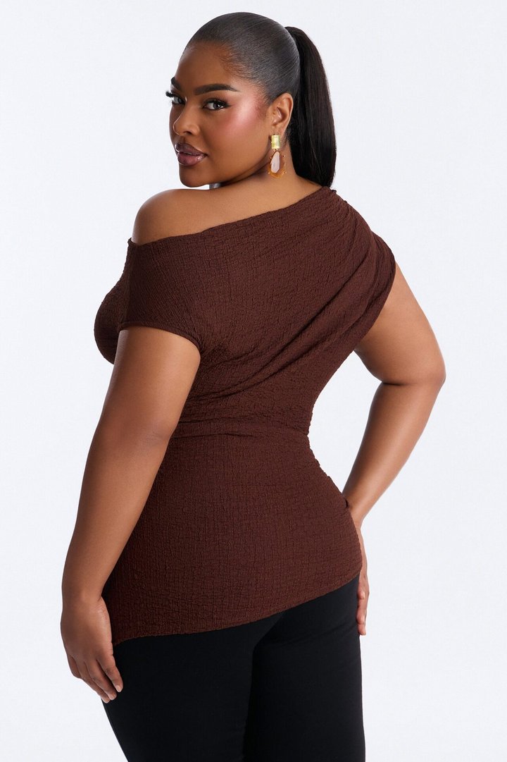 Tropical Tease Textured Off Shoulder Short Sleeve Top - Brown