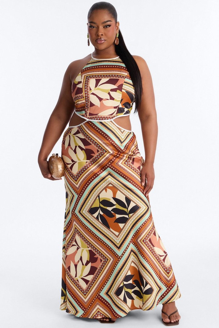 Chain Reaction Satin Maxi Dress - Brown/combo