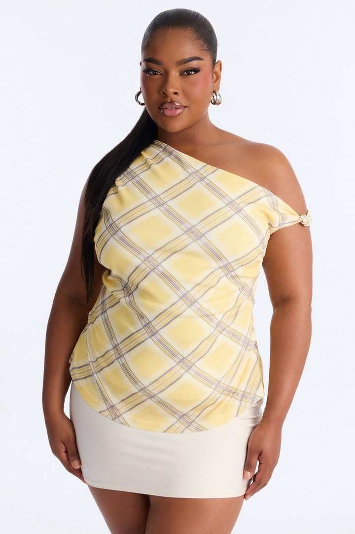 Elevated Life One Shoulder Ruched Plaid Top - Yellow/combo