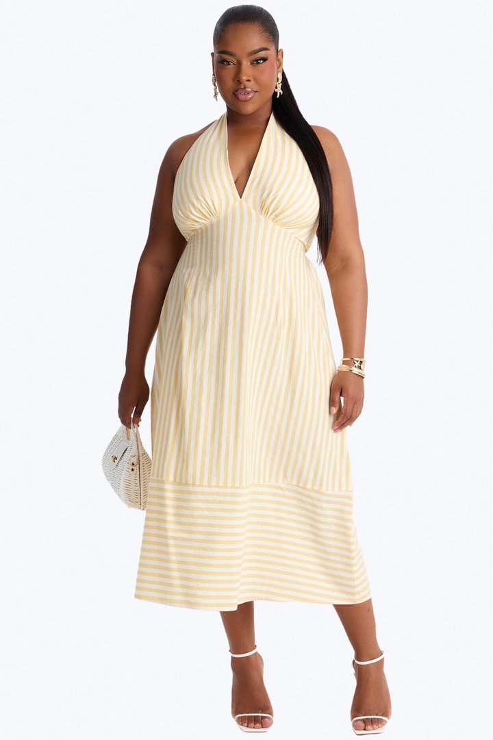 Cordelia Striped Linen Midi Dress - Yellow/combo