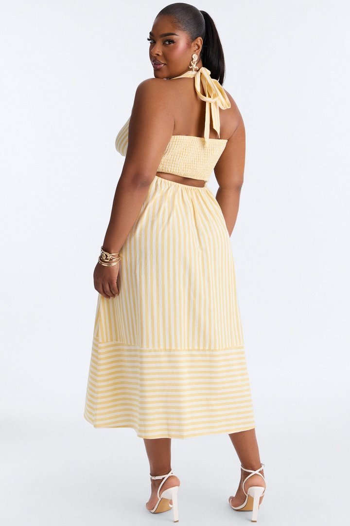 Cordelia Striped Linen Midi Dress - Yellow/combo